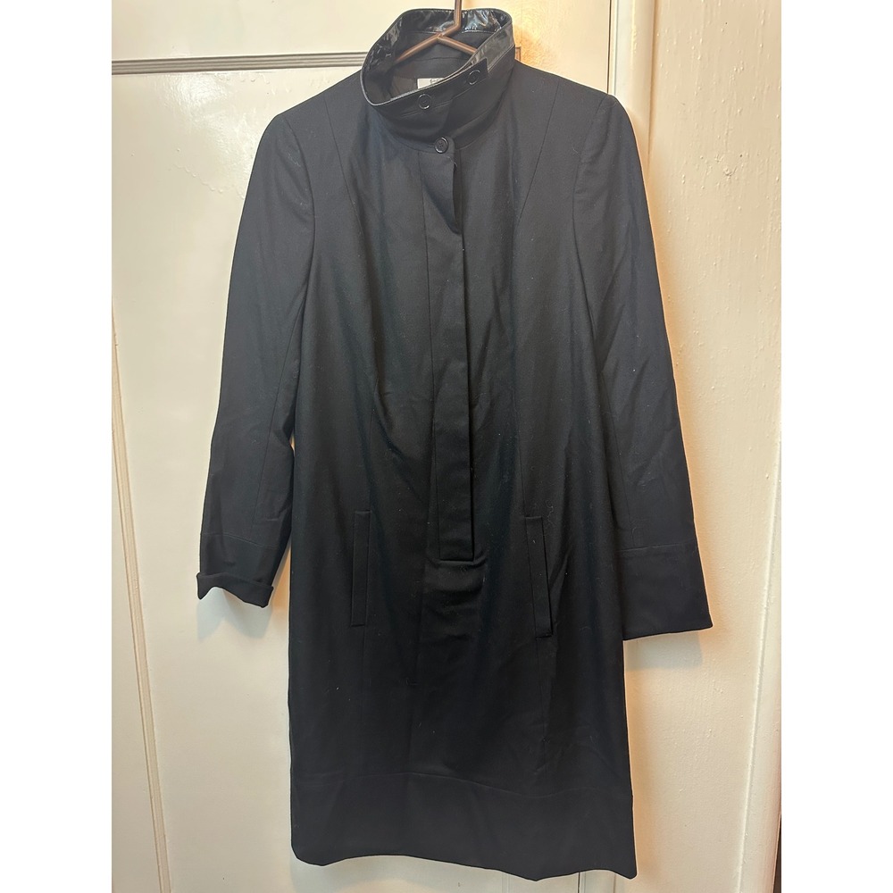 Akris Punto Black Wool Leather Trim Mock Neck Long Sleeve Dress Size 12 NEW